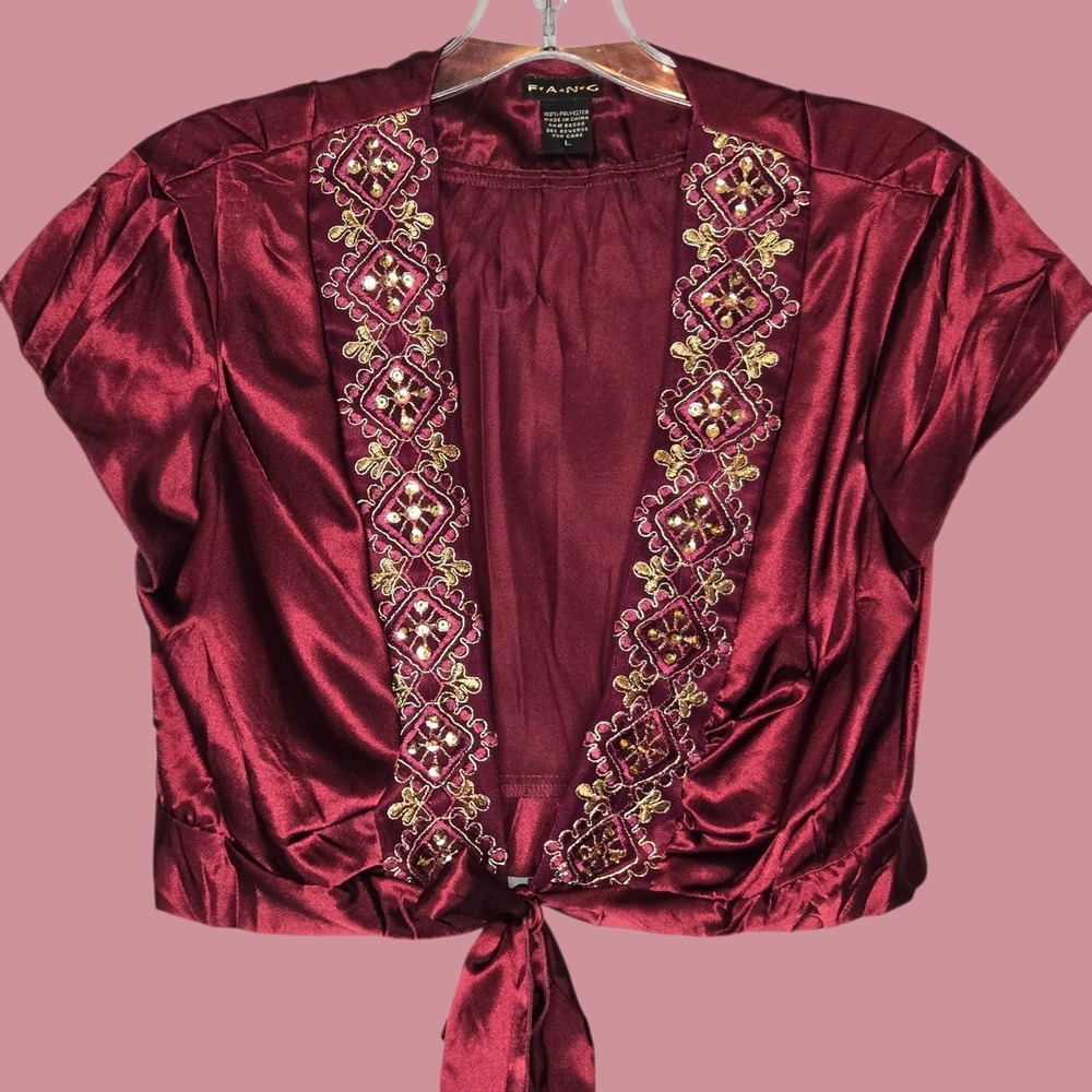 Vtg FANG‎ Satin Bolero Shrug L Embroidered Sequin Tie Front Crop Top Goth Vampy